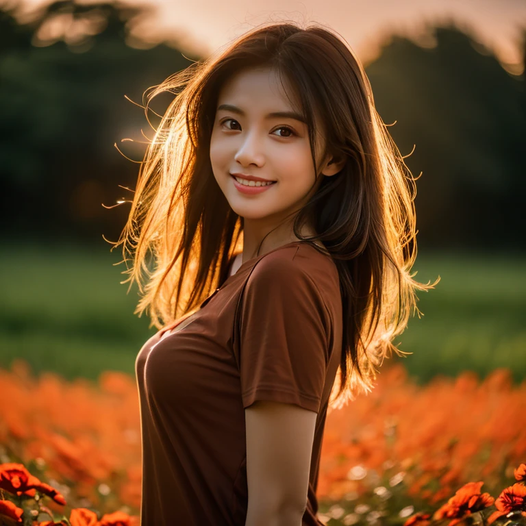 8K images, Shot with a high quality Fuji 45 camera.,000,000 pixels raw photo, best quality, Masterpiece:1.2), (realistic, photo-realistic:1.37), very detailed,
1 woman,cute, alone,Beautifully detailed sky,nighttime, Outdoors in the countryside there are red flowers.,) ,big breasts, seductive smile, wide aperture, professional lighting, Sony A7R4, 50mm sessile lens. 2 medium sized breasts,Beautifully detailed eyes,(dark orange t-shirt, Long hair floats up:1.2),floating hair