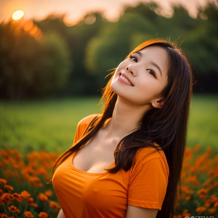 8K images, Shot with a high quality Fuji 45 camera.,000,000 pixels raw photo, best quality, Masterpiece:1.2), (realistic, photo-realistic:1.37), very detailed,
1 woman,cute, alone,Beautifully detailed sky,nighttime, Outdoors in the countryside there are red flowers.,) ,big breasts, seductive smile, wide aperture, professional lighting, Sony A7R4, 50mm sessile lens. 2 medium sized breasts,Beautifully detailed eyes,(dark orange t-shirt, Long hair floats up:1.2),floating hair
