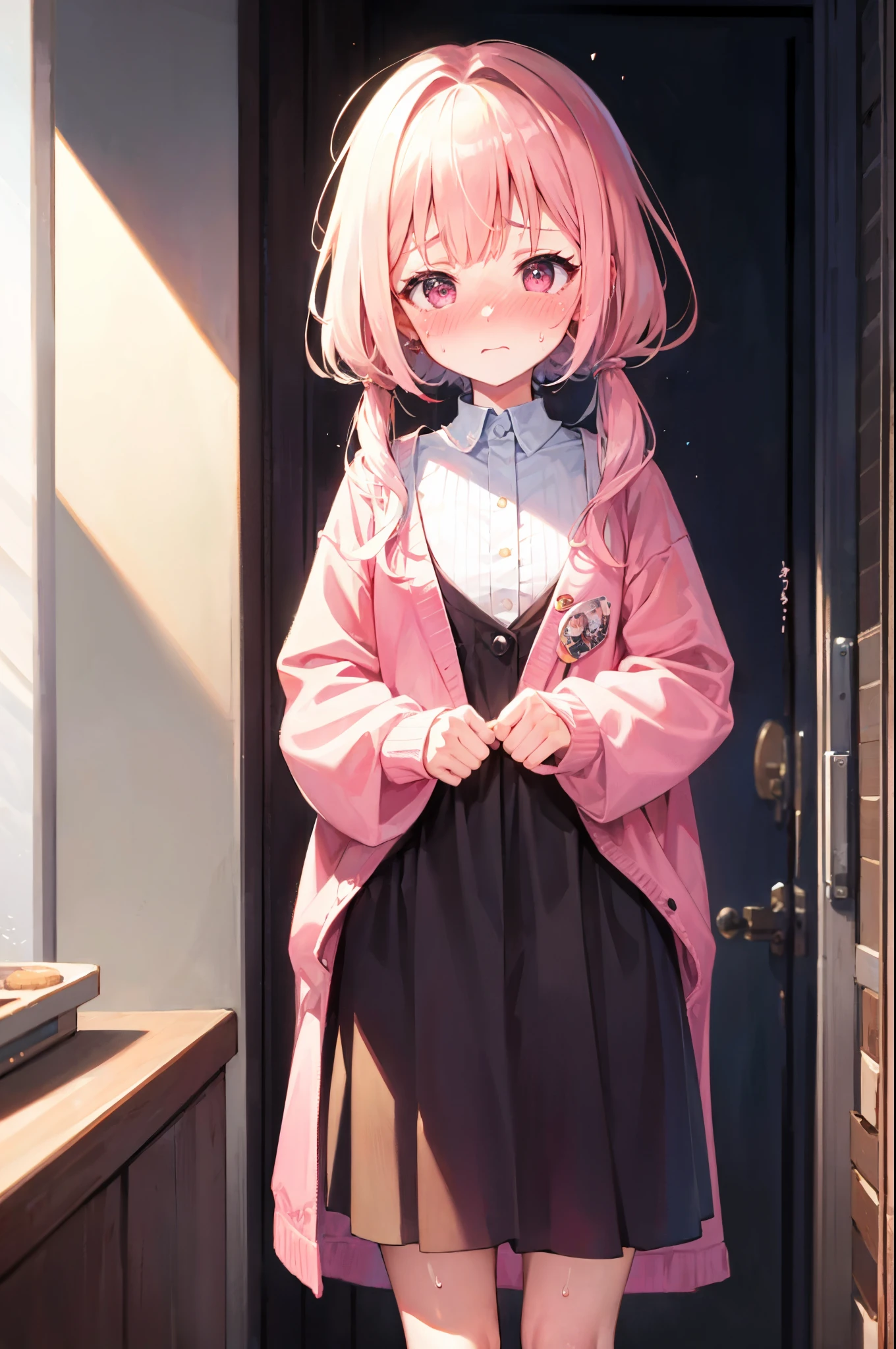 
open clothes、pink blouse, black cardigan、A glossy look、、blush、shy、８K, highest quality, masterpiece,、super detailed、random angle、random hair color、random pose、、embarrassed expression、blush、whole body visible、、、sweaty、random hairstyle、room、Blush