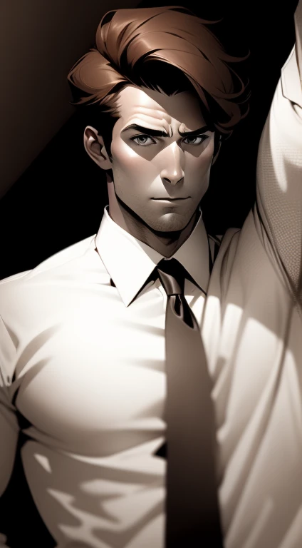  Mid 20s male detective, brown hair, detailed, toned body, simple, Noir et blanc, monochrome, looking at viewer, plain looking, white shirt and tie, gritty, unshaven