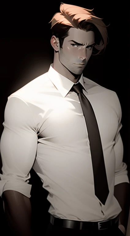  Mid 20s male detective, brown hair, detailed, toned body, simple, Noir et blanc, monochrome, looking at viewer, plain looking, white shirt and tie, gritty, unshaven