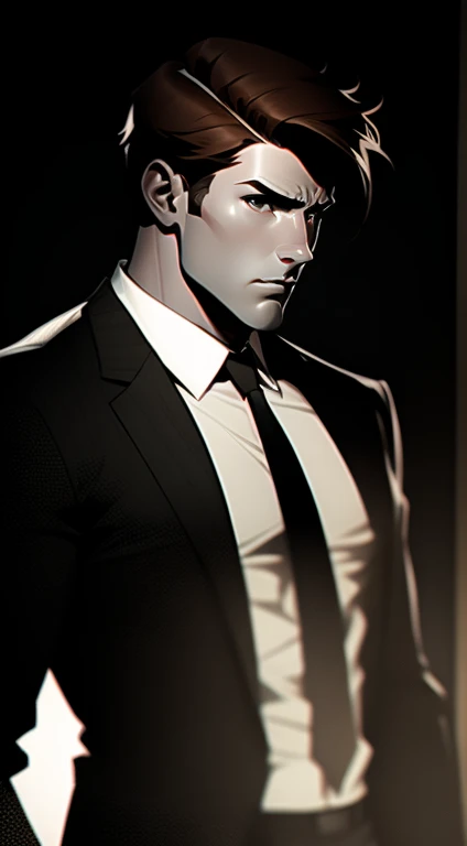 Mid 20s male detective, brown hair, detailed, toned body, simple, Noir et blanc, monochrome, looking at viewer, plain looking, white shirt and tie, gritty, unshaven
