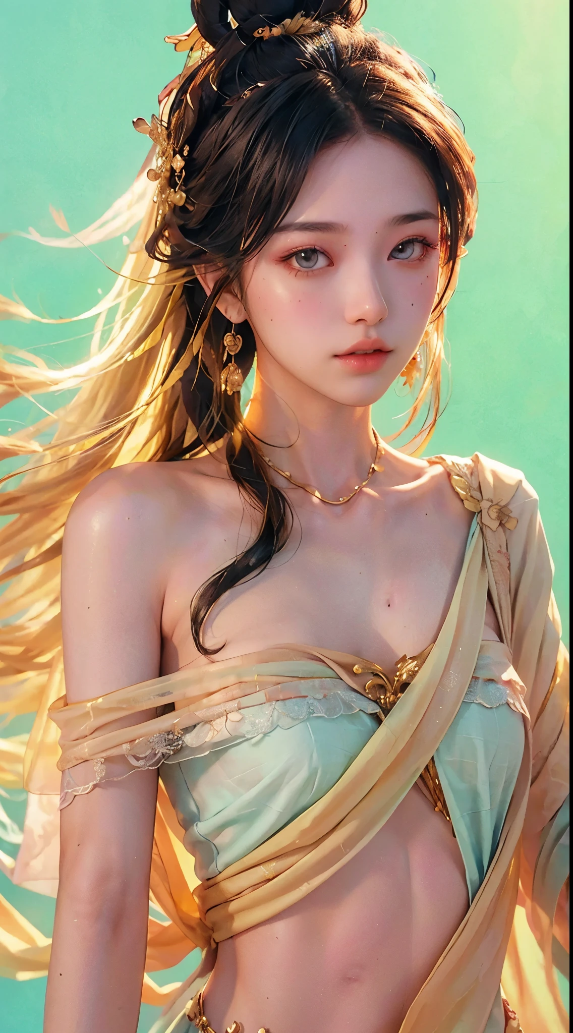 (RAW Photo, Best Quality), (Realistic, Photo Realistic: 1.3), Best Quality, Highly Detailed, Masterpiece, Hyperdetail, Illustration, 1 Girl, upper_body, Dynamic Angle, World Masterpiece Theater, messy_long_hair, Best Quality, Extremely Detailed CG Unified 8k Wallpaper, Ink, Amazing, Cinematic Lighting, lens_flare, Chu Chu Touching,A kind face,A look of ecstasy,near-flat chest,Small Bust,Small breasts,A beautiful girl with a slim figure,Oriental Beautiful Girl,Light blue outfit,Light pink background,Suppress yellow,