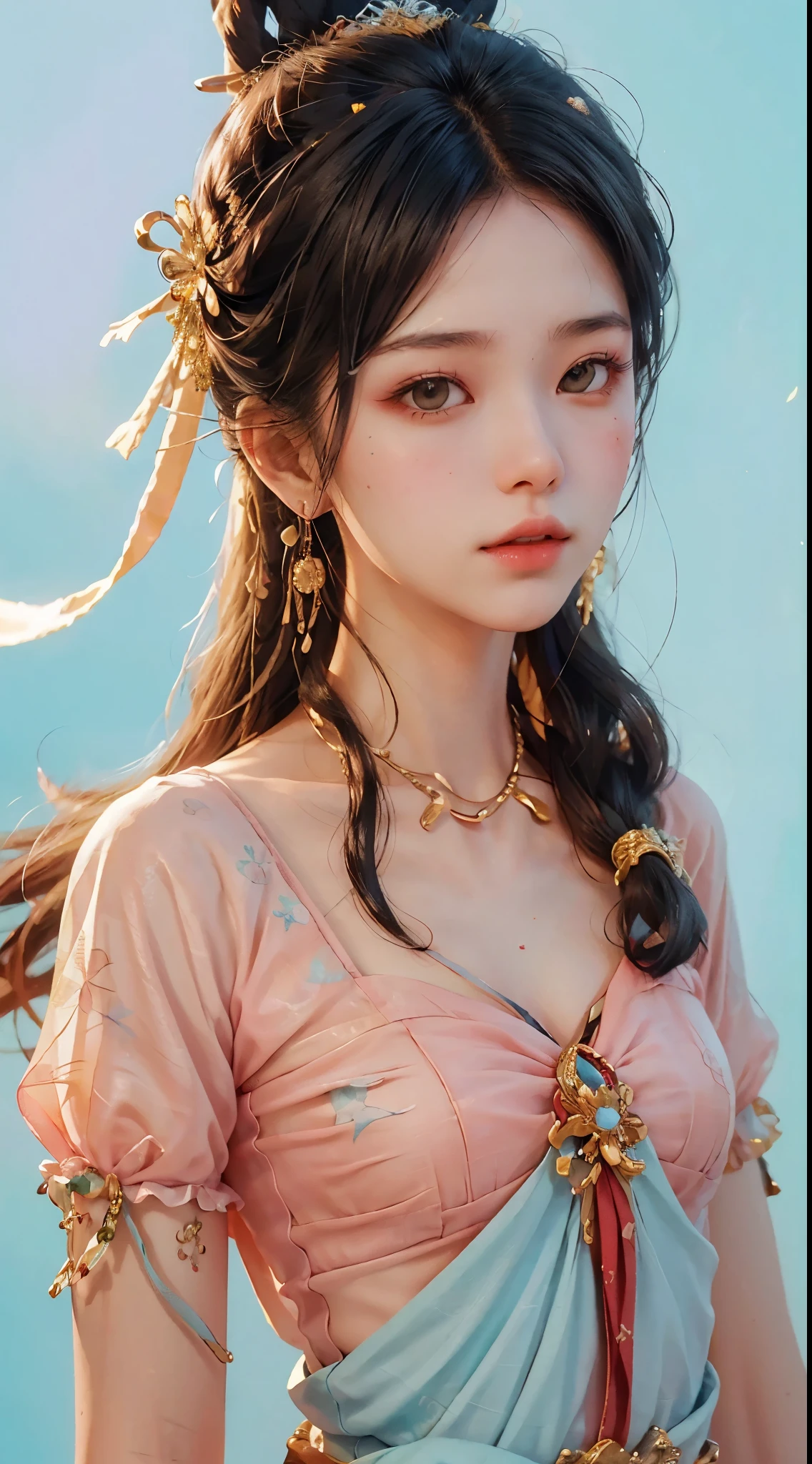 (RAW Photo, Best Quality), (Realistic, Photo Realistic: 1.3), Best Quality, Highly Detailed, Masterpiece, Hyperdetail, Illustration, 1 Girl, upper_body, Dynamic Angle, World Masterpiece Theater, messy_long_hair, Best Quality, Extremely Detailed CG Unified 8k Wallpaper, Ink, Amazing, Cinematic Lighting, lens_flare, Chu Chu Touching,A kind face,A look of ecstasy,near-flat chest,Small Bust,Small breasts,A beautiful girl with a slim figure,Oriental Beautiful Girl,Light blue outfit,Light pink background,Suppress yellow,