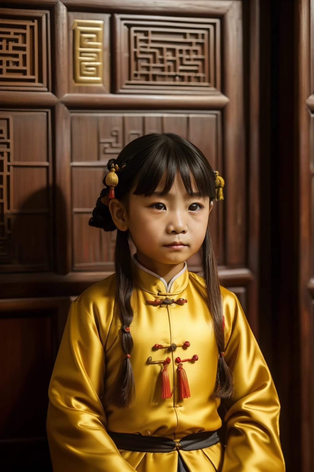 China, 1469. A little ((((8-year-old)) Tan Yunxian)), ((sad expression)), ((((chinese clothings from the 1460s)))), ((hairstyle of the 1460s)), ((colorful))