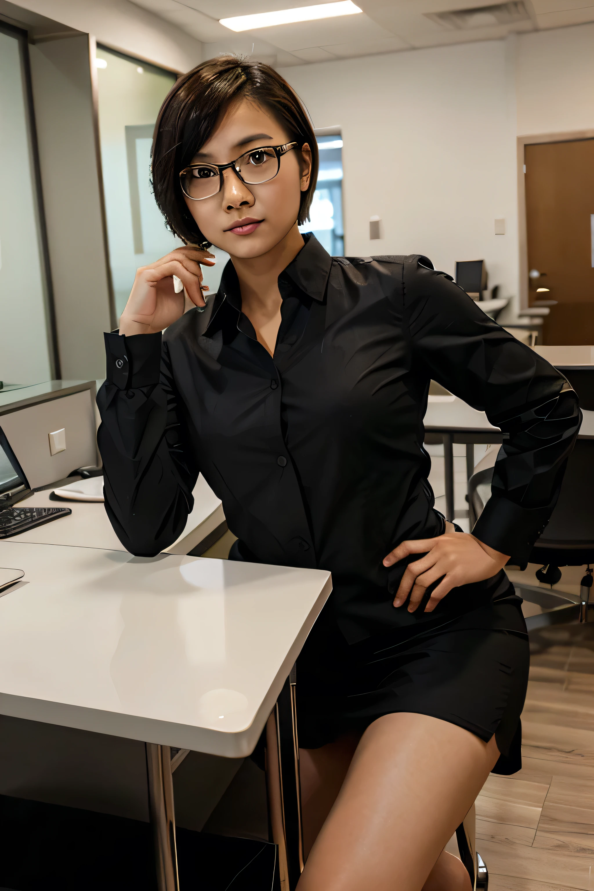 Beautiful short haired asian with office uniform with glasses