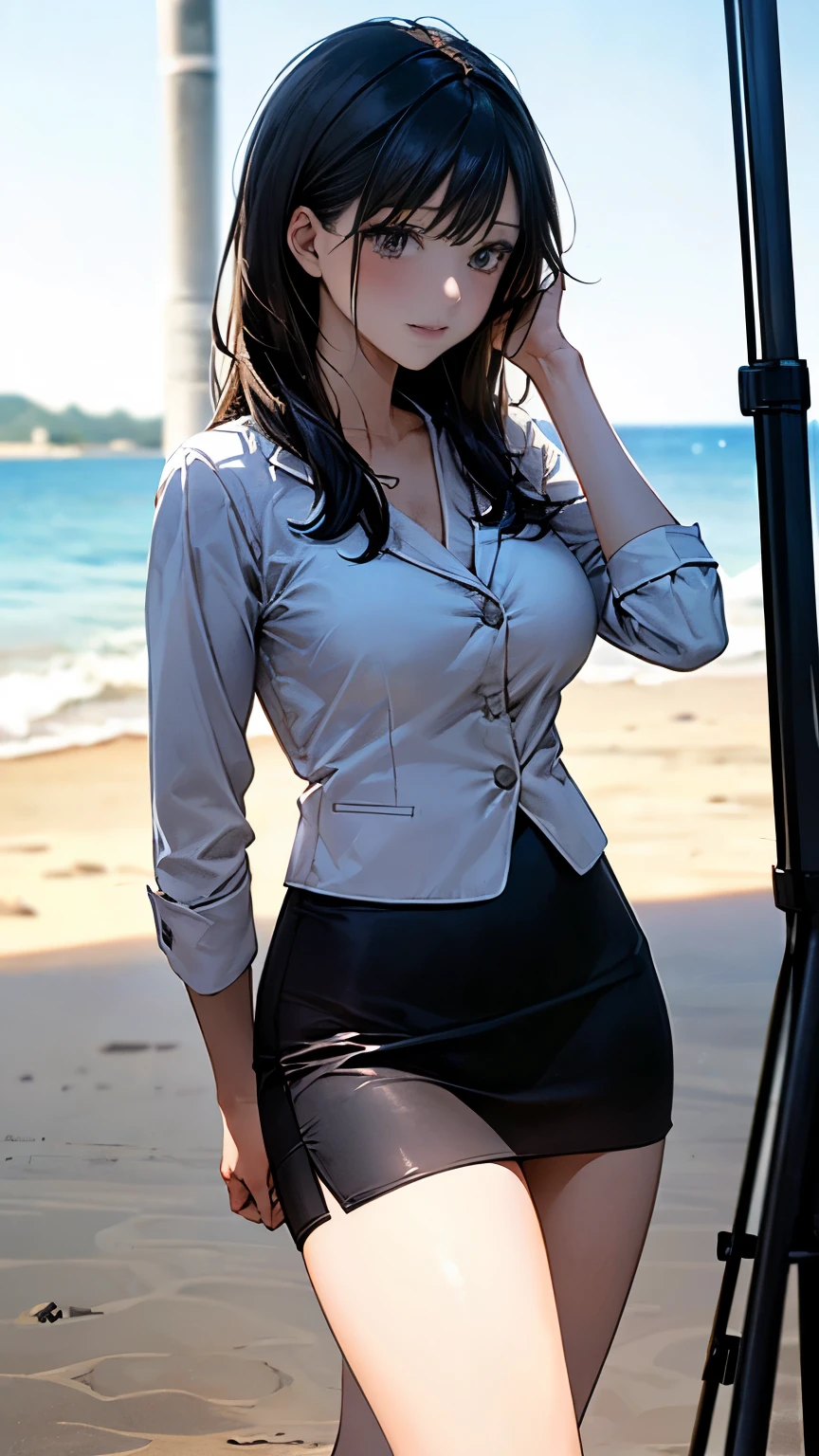 (masterpiece:1.2, Top quality), (Practical, photoPractical:1.4), Nice illustration, (Natural side light, light),
Looking at the audience, 1 girl, Perfect face, Perfect body, White thin shirt,Grey business jacket,Black tight hip skirt,Sexy body,Show your thighs,Wearing hair,Black hair,Large Breasts,on the beach