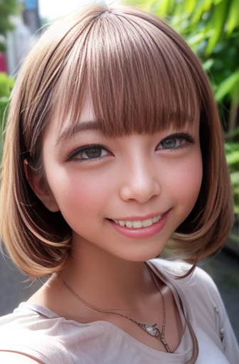 (8k, RAW Photos, highest quality, masterpiece, Realistic, Realistic), (1 female), (Ultimate beauty), Highly detailed face, (Perfect Teeth), Beautiful Eyes, double eyelid, eyelash, smile, Lip details, Brunette Bob, The light shines on your face, Big Breasts, ((T-Shirts)), ((Upper Body)), (background: garden), ((Written boundary depth))