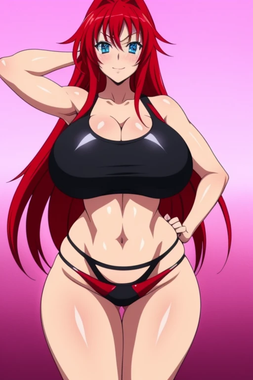 High resolution, Highschool Dxd, Rias Gremory, 1girl, (())), long black hair, blue eyes, erotie face, sexy face, fy lips, pad lips, thick lips, wide hips, thick thighs, thick hourglass figure, busty, enormous Na breasts, shiny skin, oi, hot pants, white top, gym, revealing cleavage, sweat, tall, legs, bosing,