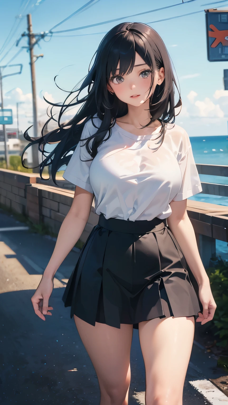 illustration：one，25 years old，Wear a thin white shirt，Sexy thighs，Black hip skirt，Black hair，Black long straight，Look at the camera，Big breasts，Adult female，You can see her whole body，On the seaside road，Wind Blow