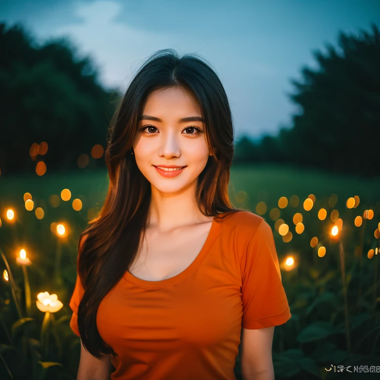 8K images, Shot with a high quality Fuji 45 camera.,000,000 pixels raw photo, best quality, Masterpiece:1.2), (realistic, photo-realistic:1.37), very detailed,
1 woman,cute, alone,Beautifully detailed sky,nighttime, Outdoors in the countryside there are red flowers.,) ,big breasts, seductive smile, wide aperture, professional lighting, Sony A7R4, 50mm sessile lens. 2 medium sized breasts,Beautifully detailed eyes,(dark orange t-shirt, Long hair floats up:1.2),floating hair