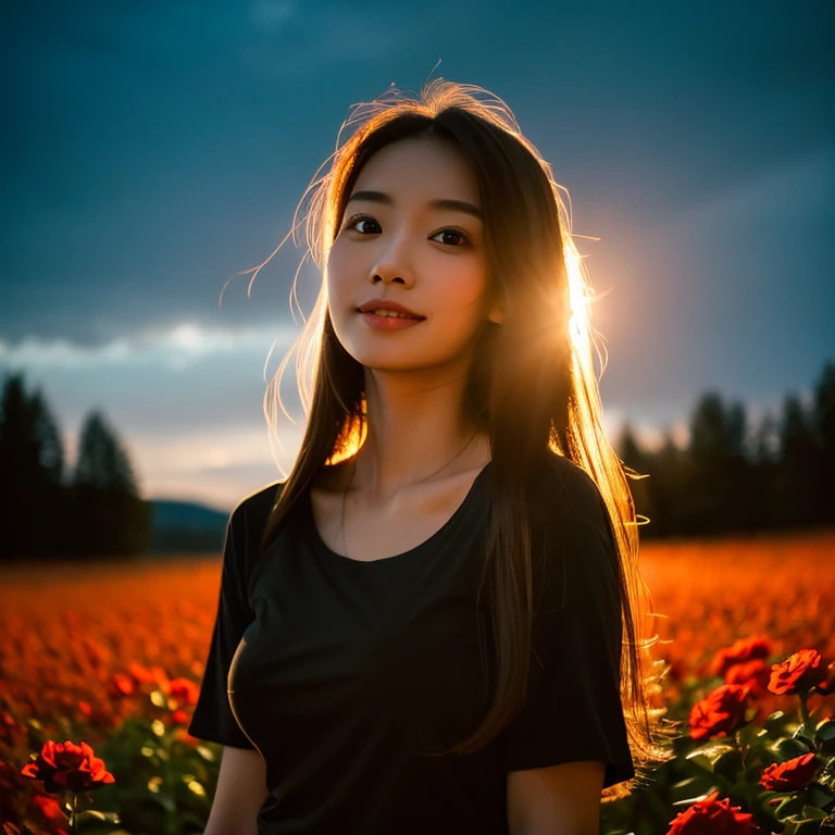 8K images, Shot with a high quality Fuji 45 camera.,000,000 pixels raw photo, best quality, Masterpiece:1.2), (realistic, photo-realistic:1.37), very detailed,
1 woman,cute, alone,Beautifully detailed sky,nighttime, Outdoors in the countryside there are red flowers.,) ,big breasts, seductive smile, wide aperture, professional lighting, Sony A7R4, 50mm sessile lens. 2 medium sized breasts,Beautifully detailed eyes,(dark orange t-shirt, Long hair floats up:1.2),floating hair