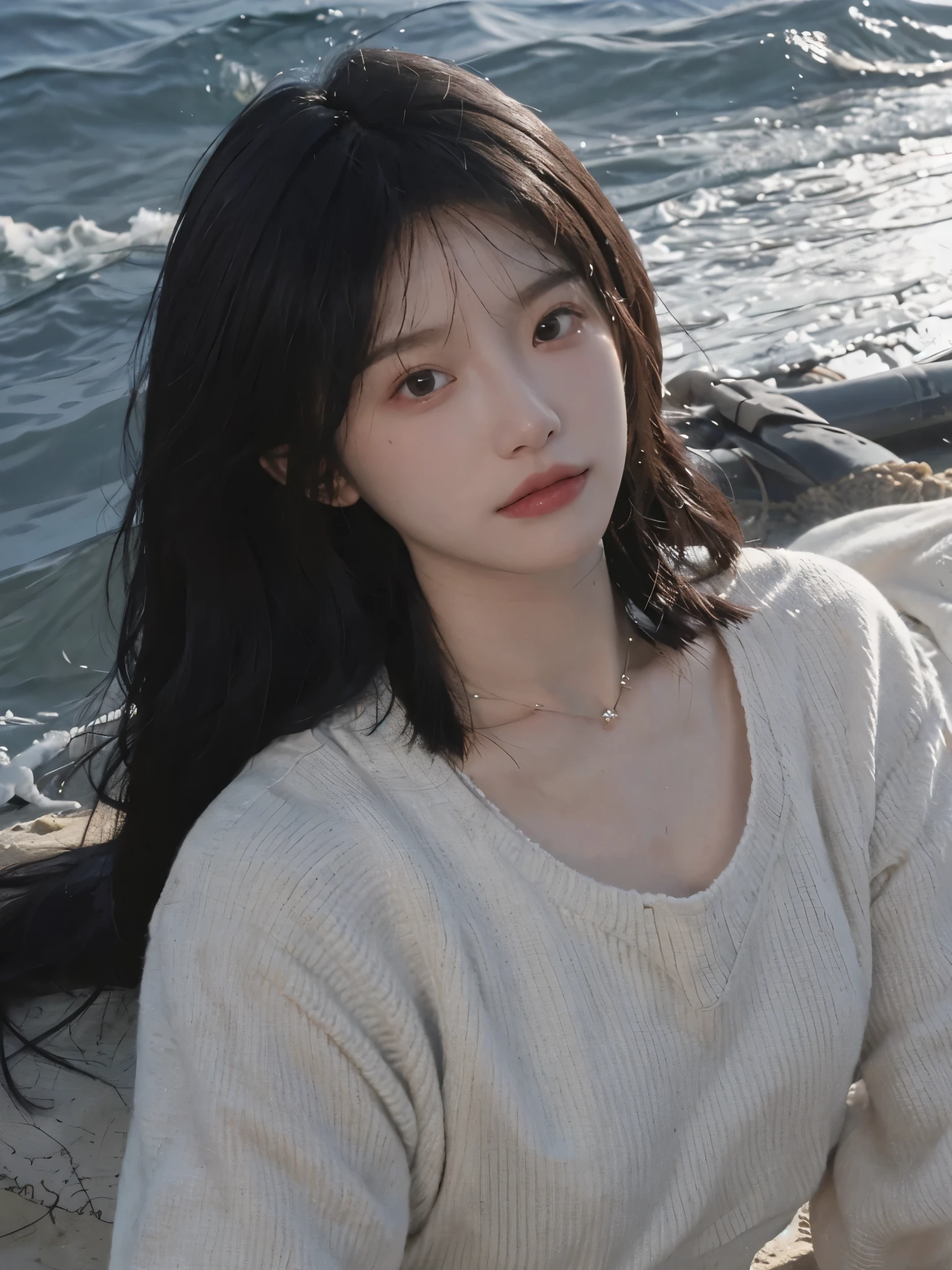 best qualtiy, Ultra-high resolution, (realisticlying:1.4),cute hairpin,1girll,with long coiled hair,Quartered sweater ,Blushlush,Beautiful woman with a slim figure:1.4, Pronounced abs,On the sandy beach,Ultra-fine face,Elaborate Eyes,double eyelid,choker necklace