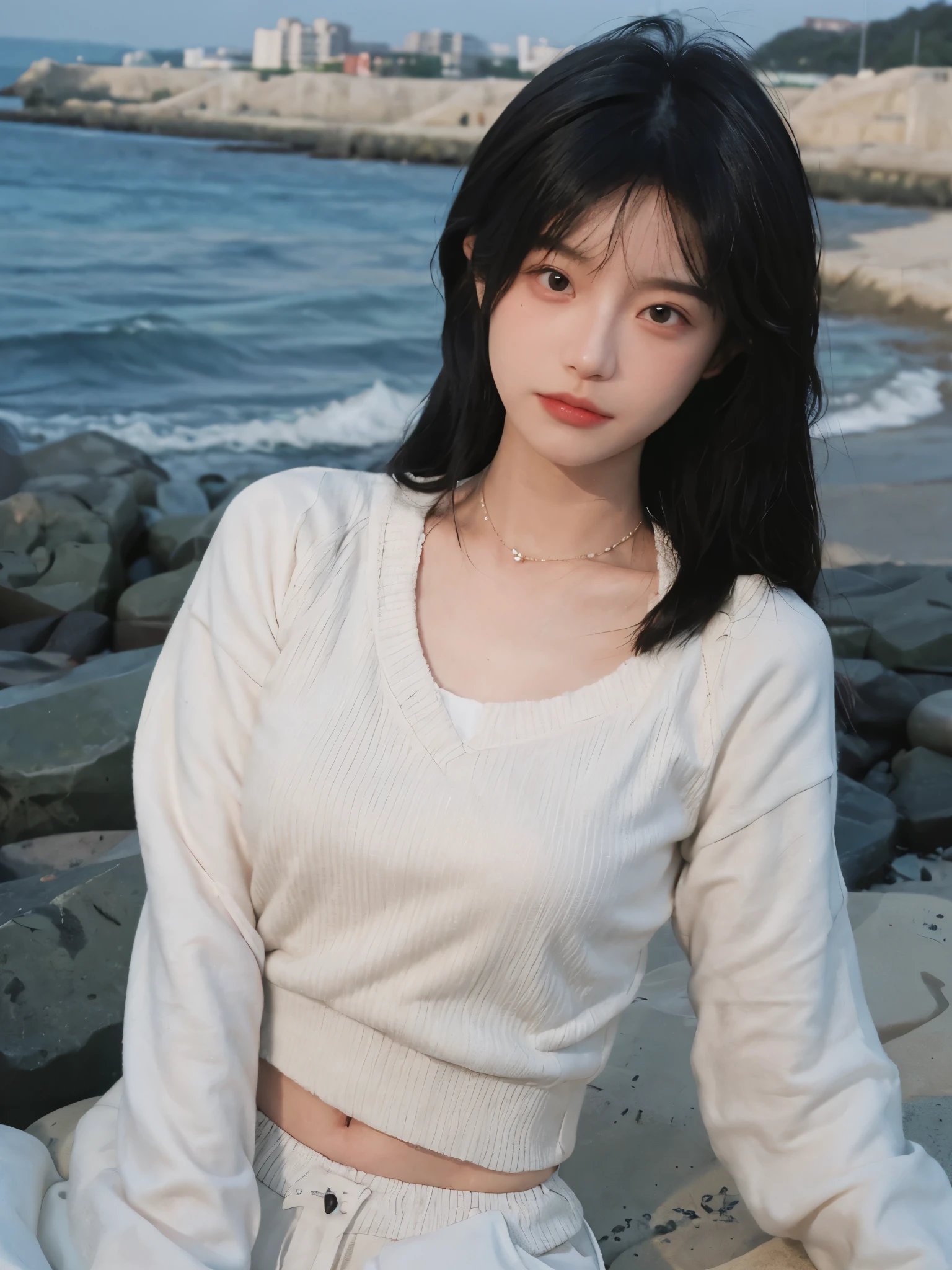 best qualtiy, Ultra-high resolution, (realisticlying:1.4),cute hairpin,1girll,with long coiled hair,Quartered sweater ,Blushlush,Beautiful woman with a slim figure:1.4, Pronounced abs,On the sandy beach,Ultra-fine face,Elaborate Eyes,double eyelid,choker necklace