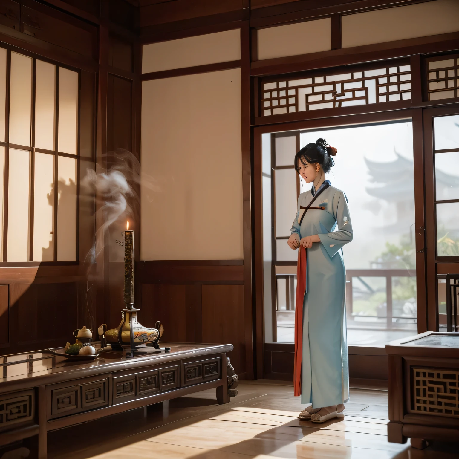Concept art, The Chinese screen in front of the screen half-hidden quiet hall, clean and tidy Chinese vintage living room, a woman in Chinese dress quietly standing in the living room looking out the window, a wisp of smoke from the incense burner rises up and floats out the window, at Overcast, Cosy, Cartelcore, Depth of field 270mm