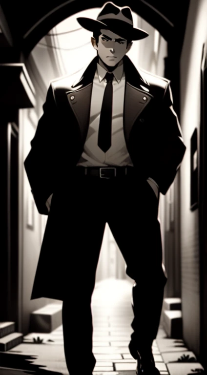 Mid 20s male detective, brown hair, detailed, toned body, simple, Noir et blanc, monochrome, looking at viewer, plain looking, white shirt and tie, gritty, unshaven, trench coat and fedora hat, walking down dark alley