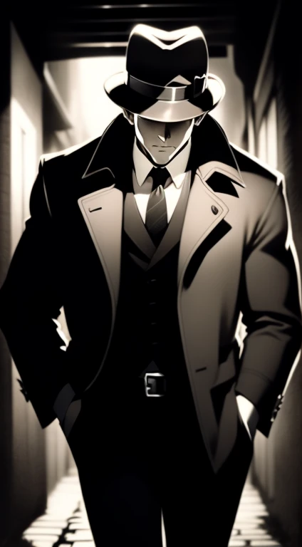 Mid 20s male detective, brown hair, detailed, toned body, simple, Noir et blanc, monochrome, looking at viewer, plain looking, white shirt and tie, gritty, unshaven, trench coat and fedora hat, walking down dark alley
