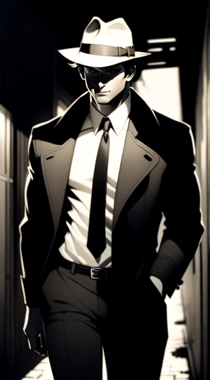 Mid 20s male detective, brown hair, detailed, toned body, simple, Noir et blanc, monochrome, looking at viewer, plain looking, white shirt and tie, gritty, unshaven, trench coat and fedora hat, walking down dark alley