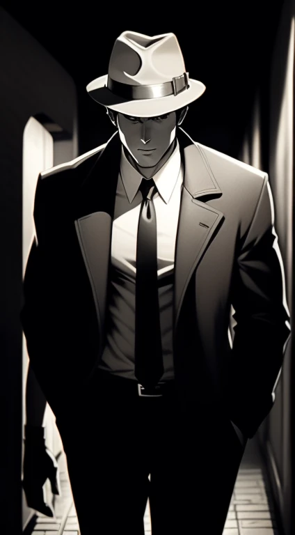  Mid 20s male detective, brown hair, detailed, toned body, simple, Noir et blanc, monochrome, looking at viewer, plain looking, white shirt and tie, gritty, unshaven, trench coat and fedora hat, walking down dark alley