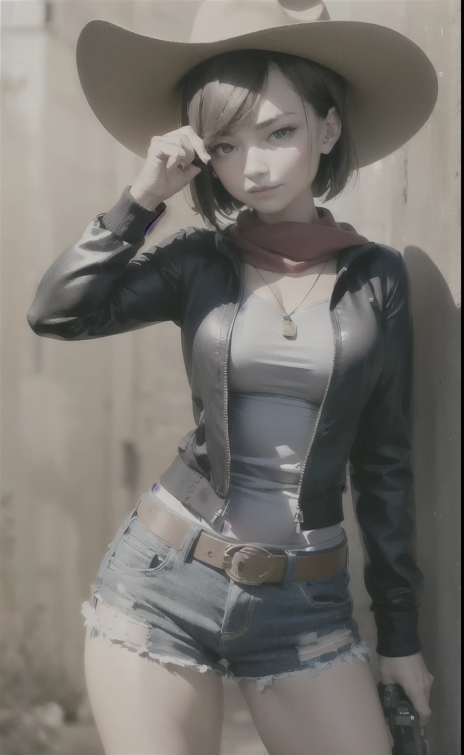 A handgun is aimed at the viewer.
A woman dressed as a cowboy is holding a revolver towards the camera, she is wearing a brown cowboy hat and has a red bandana around her neck, she has yellow short hair, wild west background