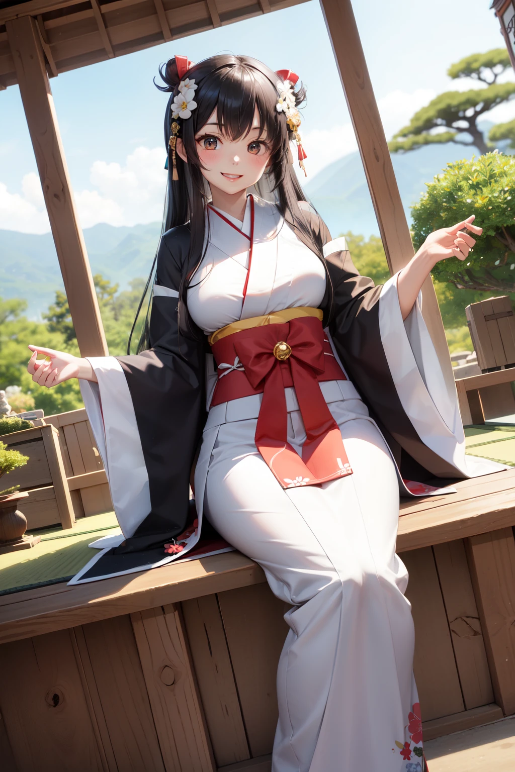 A woman dressed as a shrine maiden　Japanese clothing　A cheerful smile　shiny black hair　Flower Hair Ornaments　shrine