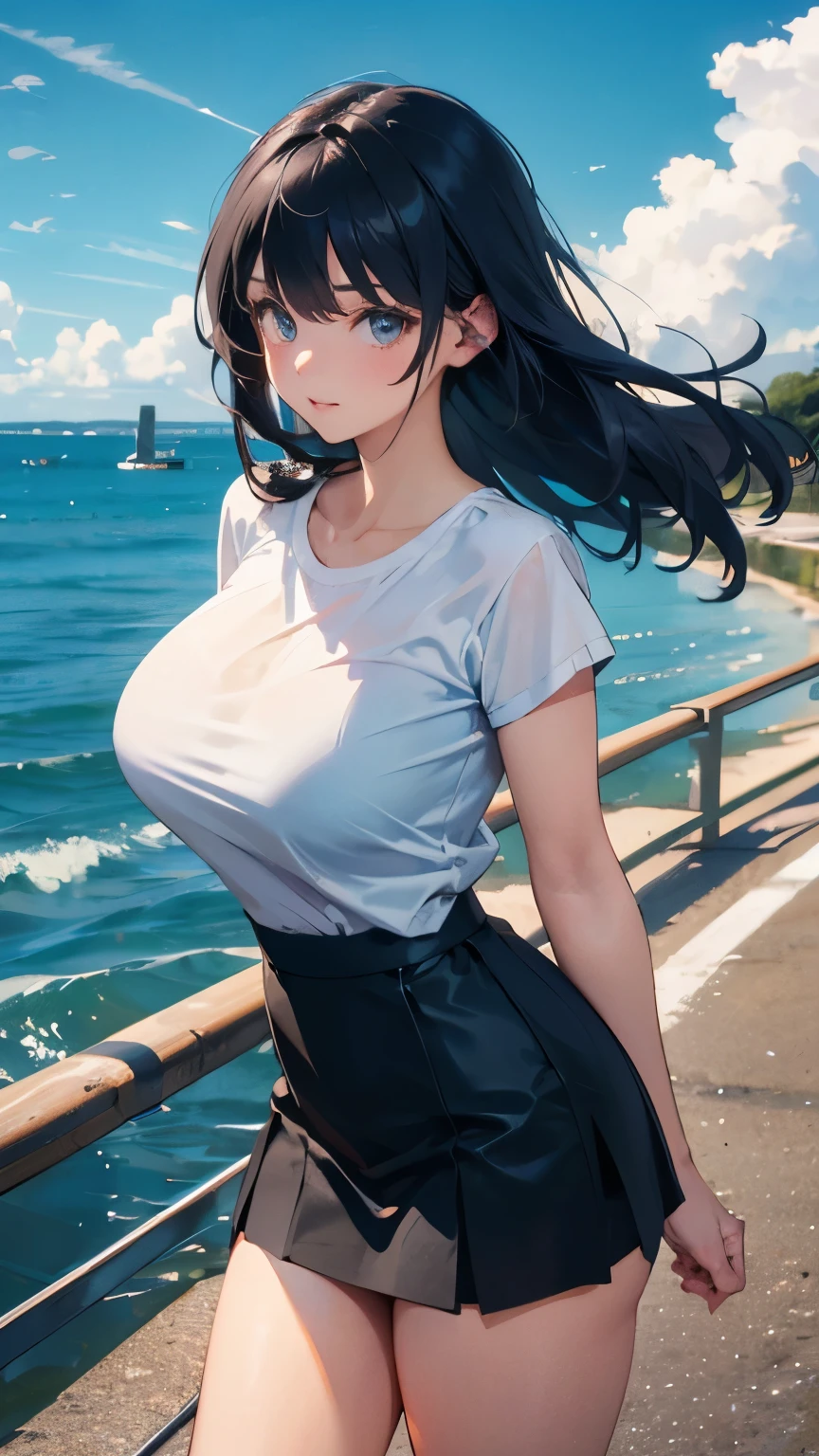 illustration：one，25 years old，Wear a thin white shirt，Sexy thighs，Black hip skirt，Black hair，Black long straight，Look at the camera，Big breasts，Adult female，You can see her whole body，On the seaside road，Wind Blow