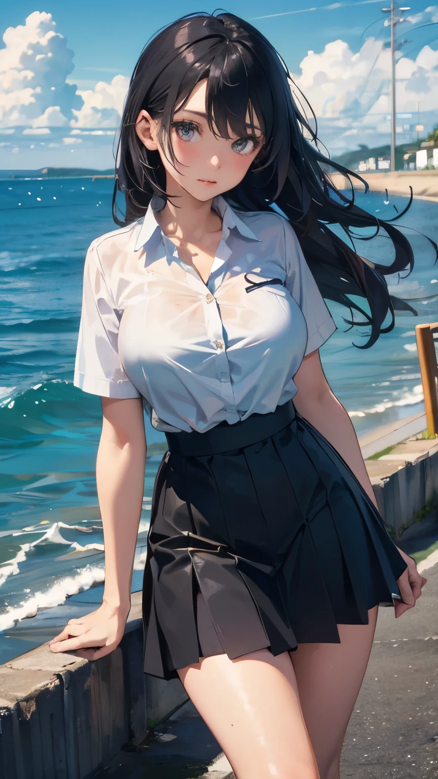 illustration：one，25 years old，Wear a thin white shirt，Sexy thighs，Black hip skirt，Black hair，Black long straight，Look at the camera，Big breasts，Adult female，You can see her whole body，On the seaside road，Wind Blow