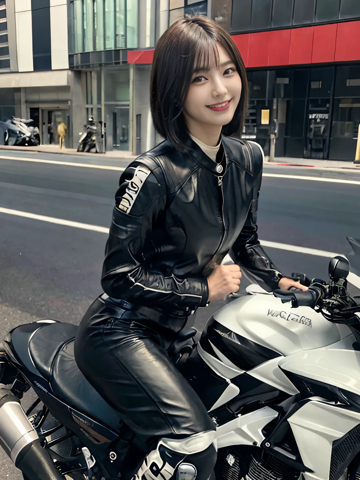 (Realistic:1.5), 8k, Ultra-high-definition beauty, 1 female, Intricate body details, (short: 1.3), (highest quality: 1.0), (Super sharpness: 1.0), (Thin Hair:1.4),（Beautiful and delicate depiction of eyes）,((((Riding a motorcycle)))),Unreal Engine:1.4,photoRealistic:1.4, Skin Texture:1.4, masterpiece:1.8,highest quality at best,Full Body Shot、(((Black racing leather suit and long pants)))、Long limbs、smile