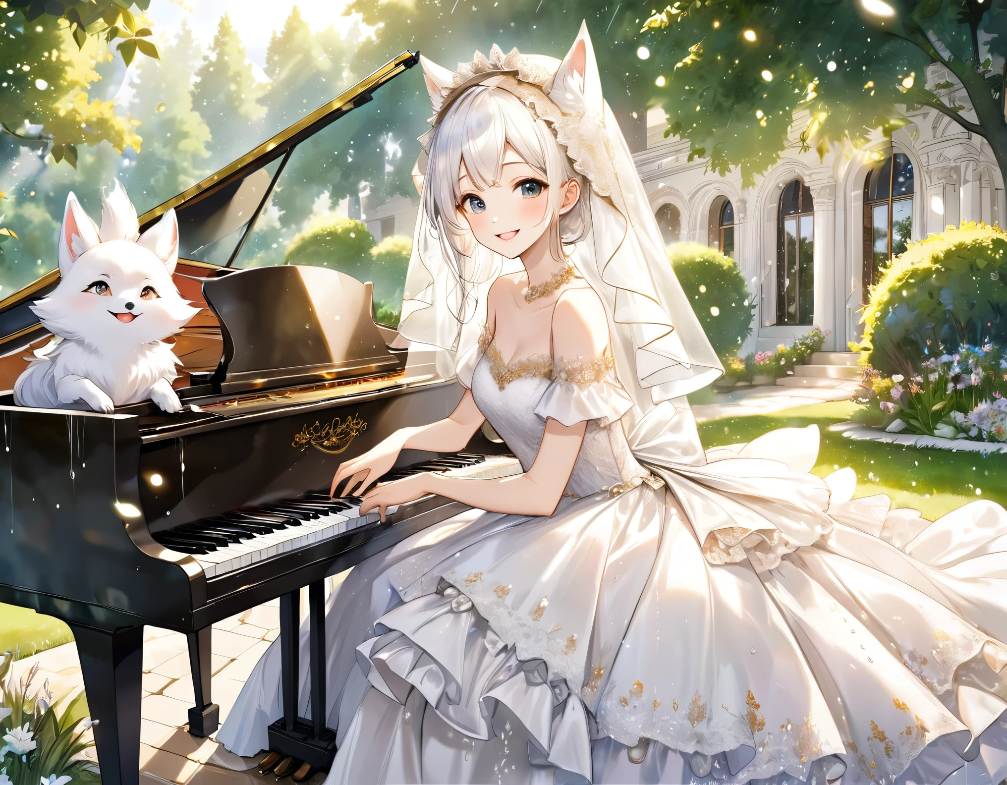 fusion of oil painting and watercolor painting, best quality, super fine, 16k, incredibly absurdres, extremely detailed, delicate and dynamic, furry, beautiful cute white fox fairy, happy smile, lovely wedding dress and veil with frills and lace, white grand piano playing the piano in the grassy courtyard of Northern Renaissance mansion, the season is June, sunlight filtering through the trees, rain showers, sparkling raindrops, various image effects in gentle colors with gold glitter