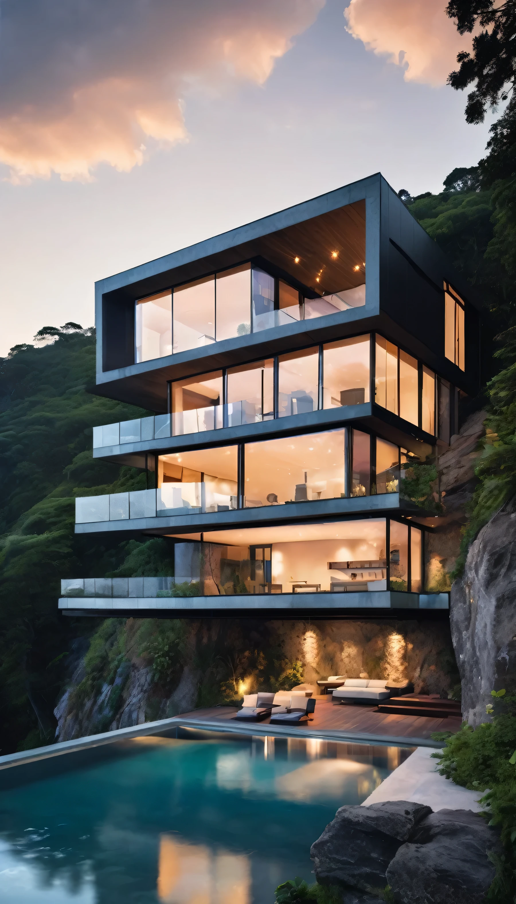 Imagine a luxurious cliffside retreat designed as a multi-tier structure with extensive glass walls for unobstructed views of the natural surroundings. The building features a blend of modern design elements such as sleek, minimalistic furniture, ambient lighting, and sophisticated interior decor. It's set in a serene, misty environment with abundant greenery and occasional rain, creating a harmonious balance between contemporary architecture and the rugged beauty of nature. The scene captures different times of day from dawn to dusk, showcasing the dynamic interaction between light and the transparent structure.