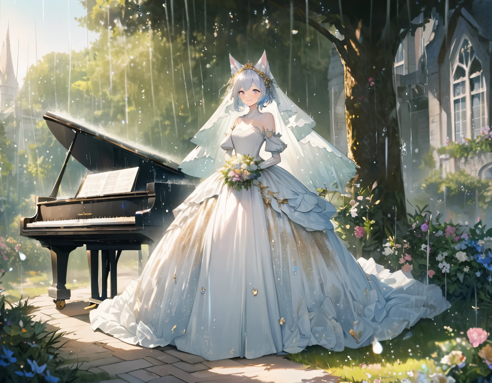 fusion of oil painting and watercolor painting, best quality, super fine, 16k, incredibly absurdres, extremely detailed, delicate and dynamic, furry, beautiful cute white fox fairy, happy smile, lovely wedding dress and veil with frills and lace, white grand piano playing the piano in the grassy courtyard of Northern Renaissance mansion, the season is June, sunlight filtering through the trees, rain showers, sparkling raindrops, various image effects in gentle colors with gold glitter