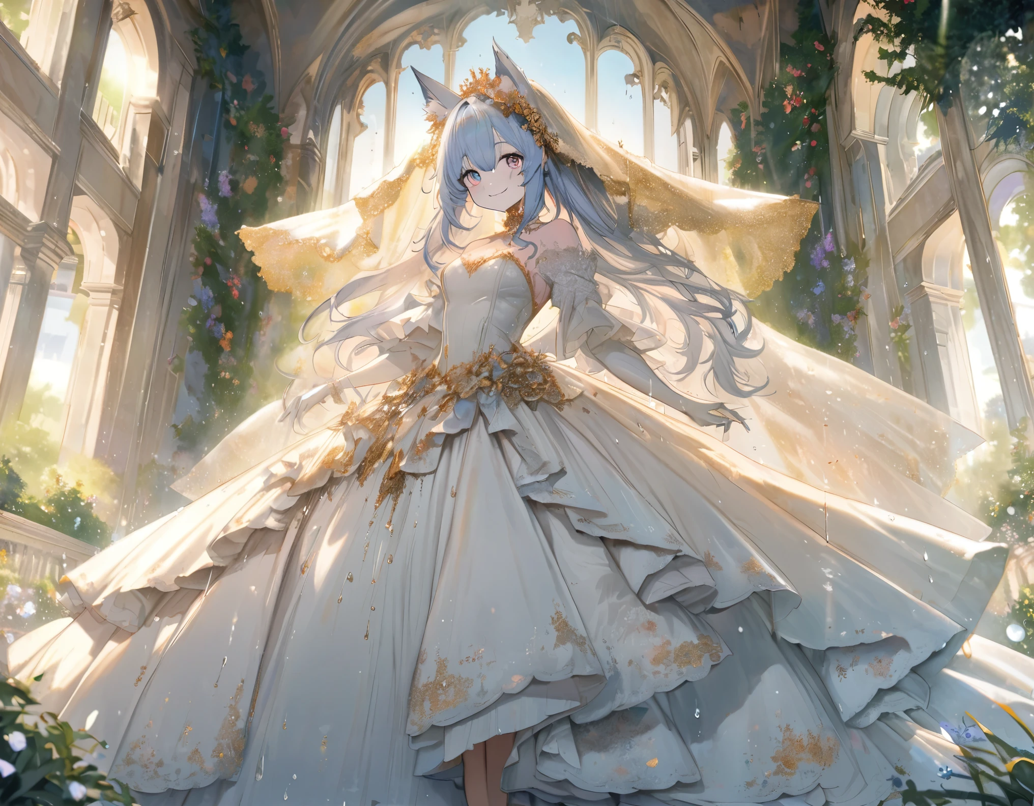 fusion of oil painting and watercolor painting, best quality, super fine, 16k, incredibly absurdres, extremely detailed, delicate and dynamic, furry, beautiful cute white fox fairy, happy smile, lovely wedding dress and veil with frills and lace, white grand piano playing the piano in the grassy courtyard of Northern Renaissance mansion, the season is June, sunlight filtering through the trees, rain showers, sparkling raindrops, various image effects in gentle colors with gold glitter