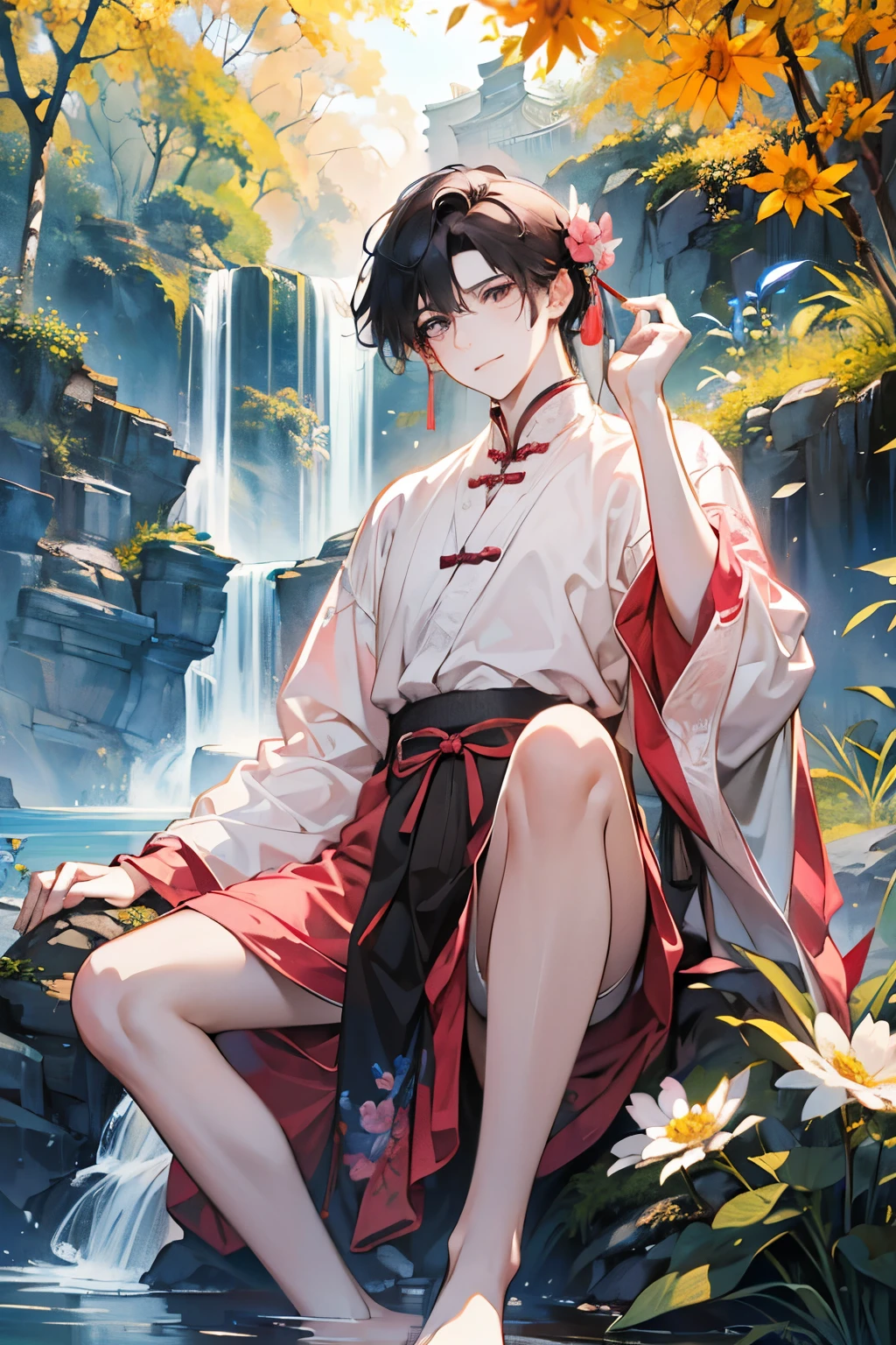 (old male:1.45)、(masterpiece、highest quality、highest quality、Beautiful and beautiful:1.2)、(Good anatomy:1.5)、Painting of a male with milky black hair、Shy smile、Sparkling Eyes、(dark eyes)、(looking  down:1.3)、A waterfall is flowing between the flowers and leaves、(sunny days:1.45)、(black、pink、orange、cream:1.2)、(Chinese hanfu concept:1.25)、(Summer resort:1.3)、I'm embarrassed and my face turns red、((Bathing:1.2))、(barefoot)、(playing by flapping their feet:1.2)、