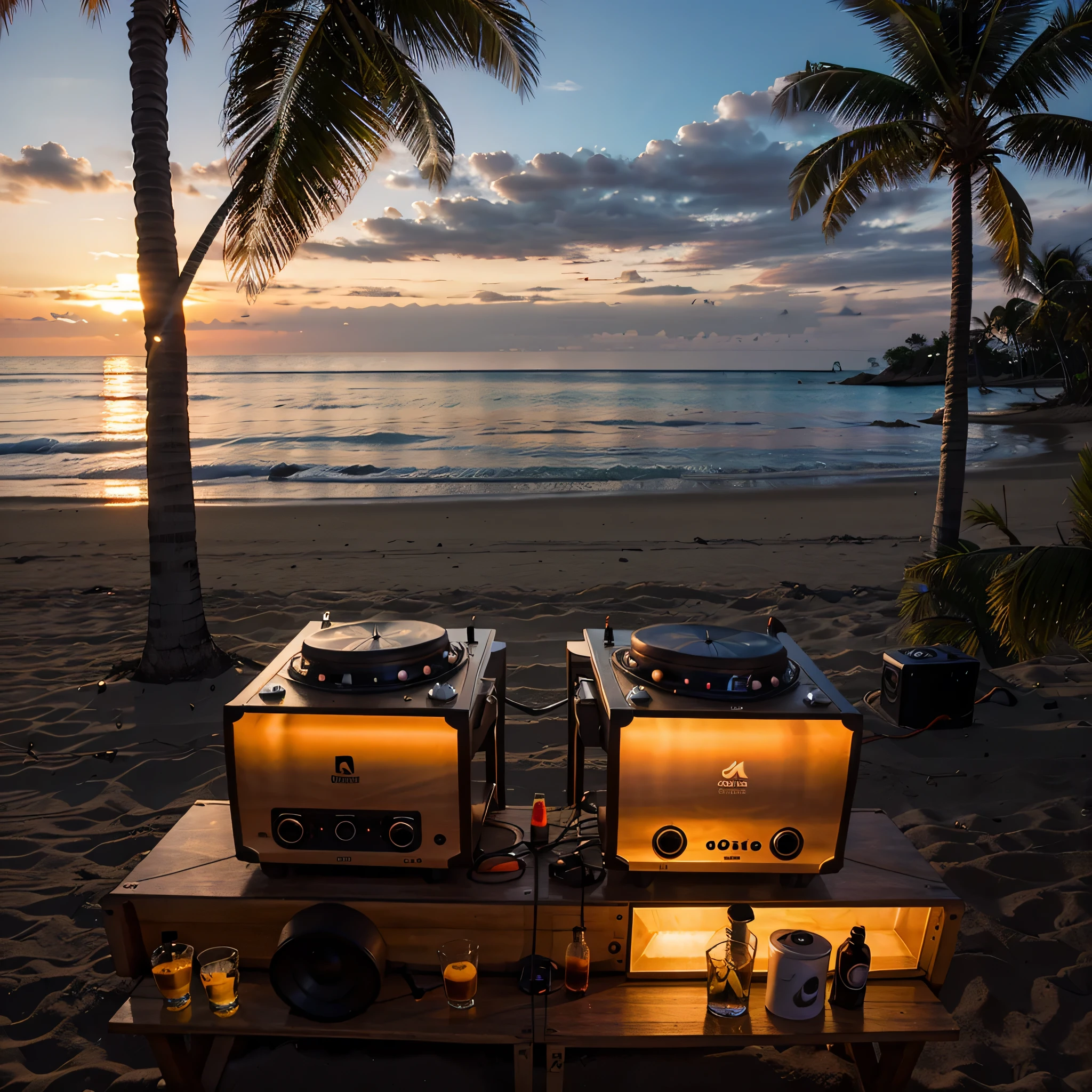 doble deck DJ pikup, and speakers, on a beach, at sunset, in a tourist spot in Bahia