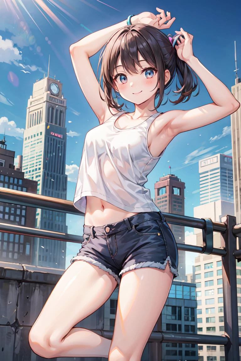 (Masterpiece、high quality、high resolution)、1 Girl、Shorts、Tank top、City、Dancing、smile、Lift your legs、stand on one's arms