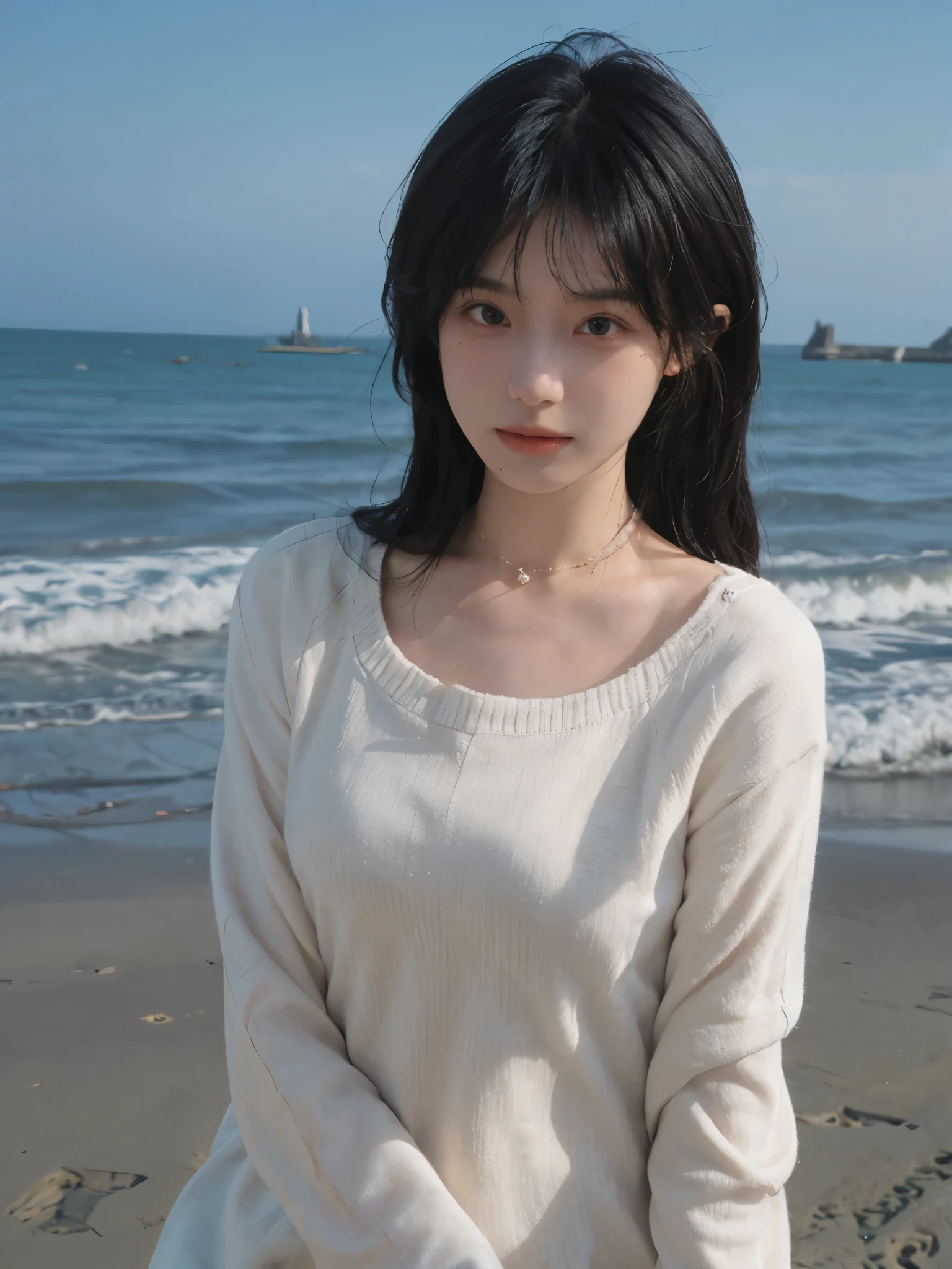best qualtiy, Ultra-high resolution, (realisticlying:1.4),cute hairpin,1girll,with long coiled hair,Quartered sweater ,Blushlush,Beautiful woman with a slim figure:1.4, Pronounced abs,On the sandy beach,Ultra-fine face,Elaborate Eyes,double eyelid,choker necklace