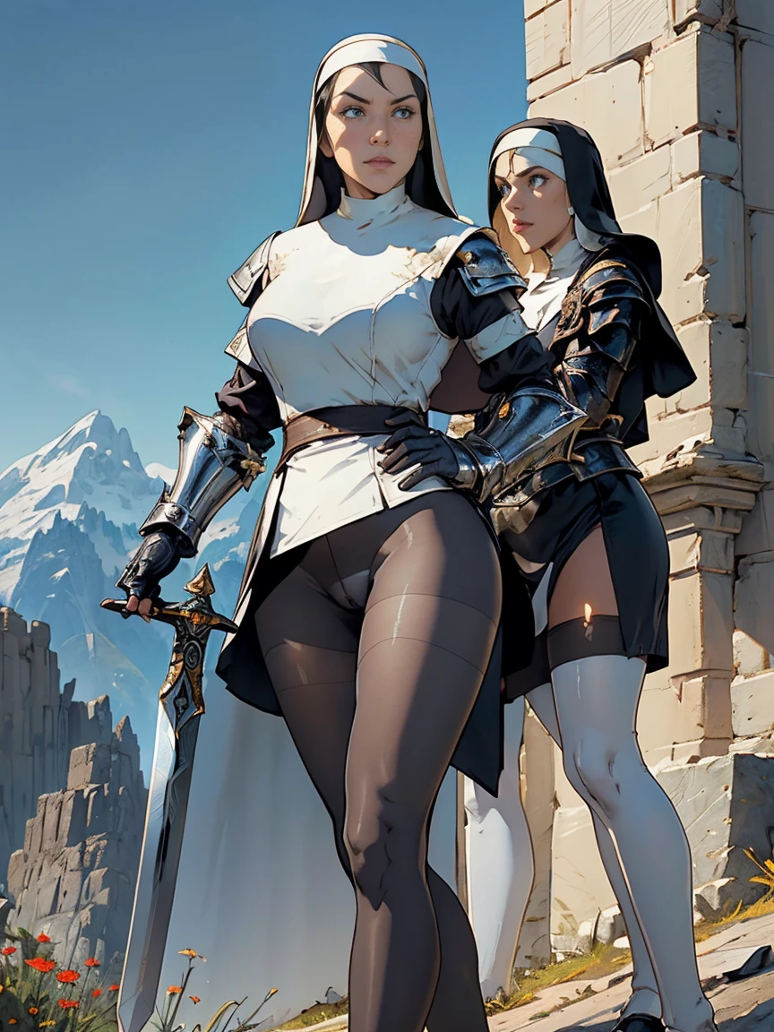 (masterpiece, top quality, best quality, official art, beautiful and aesthetic:1.2), (1girl:1.3), ((Sharp facial features, sharp features, hawkish features)), ((blue eyes)), busty brunette paladin knight girl, extremely detailed, portrait, looking at viewer, solo, (full body:0.6), detailed background, full-body shot, (warm mountain meadow theme:1.1), holy knight, (nun), charlatan, smirk, mysterious, swaying in mountains, armor, polished metal, gold trim, long boots, white fabric, stockings, robe, pale leather, ((((nun, greatsword, heavy armor, armored, long legs, pantyhose, toned, muscular)))), slim waist, slim hips, long legs, medieval (mountain exterior:1.1) background, dark mysterious lighting, shadows, magical atmosphere, dutch angle, ((cameltoe panty)), ((curvy))