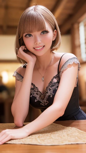 ((high quality)),Tabletop,(Detailed depiction of the local area:1.2),One Girl,blue eyes,Ample breasts,Enchanted Valley,Mouth closed,eyelash,View Viewer,Portraiture,alone,front leg pose,White Theme,short hair,Big eyes, smile,front leg pose