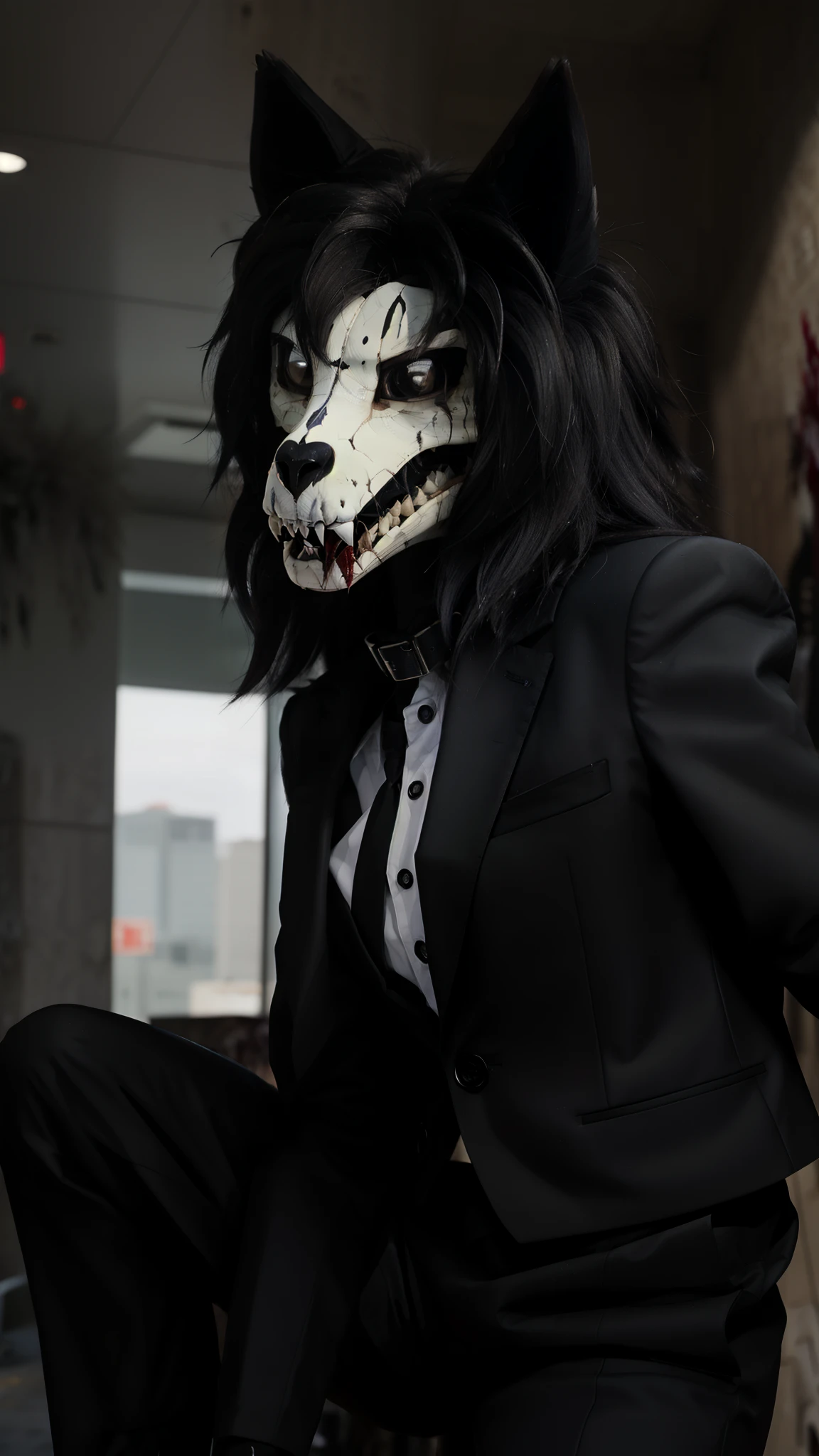 MalO, Scp 1471, (slit pupils, white eyes, black sclera), fullbody, digitigrade, (collar), masterpiece, best quality, detailed realistic fur, furry, detailed background, (low angle shot), detailed face, detailed eyes, detailed fluffy fur, fluffy tail, (business suit, SFW:1.35), (bloody:1.3) 