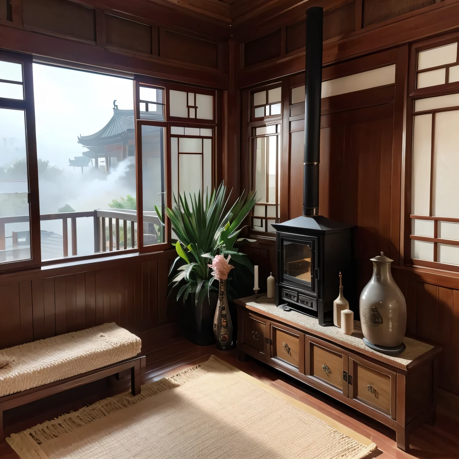 Concept art, The Chinese screen in front of the screen half-hidden quiet hall, clean and tidy Chinese vintage living room, a woman in Chinese dress quietly standing in the living room looking out the window, a wisp of smoke from the incense burner rises up and floats out the window, at Overcast, Cosy, Cartelcore, Depth of field 270mm,
