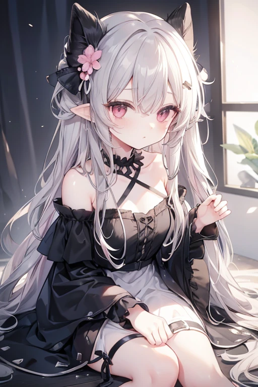 Grayish and messy, showing long hair in the ears,Two strands of hair curtain,Dull hair,Slightly curly hair,Pink eyes,Long black off-the-shoulder sleeves,Black hairpin,expressiveless,Dumb cute,chiquita,