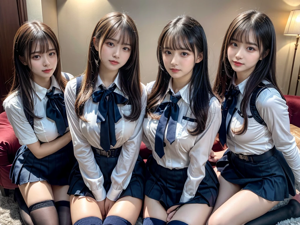 (8K, Raw photography, top-quality, masterpiece:1.2), master piece, best quality, illustration, Super detailed, fine details, High resolution, 8K,wall paper, perfect dynamic composition,(Details High quality, realistic depiction of eyes:1.3), ((2 girls, 2 schoolgirls)), The background is a luxury hotel room、High school girl uniform、blazer 、Super Short Check Uniform Skirt、Navy blue high socks、garterbelts、Colossal tits、Disturbed uniform, Play with each other,Touching each other's bodies,Touching the body of the girl next door, short bob hair, black hair color, huge breasts, Big Natural Color Lip, bold sexy pose, (perfect body shape), crying a little、cold gaze, Beautiful makeup,glitter makeup,Cutest 18 years old, beautiful legs, hposing Gravure Idol, Voluptuous thighs