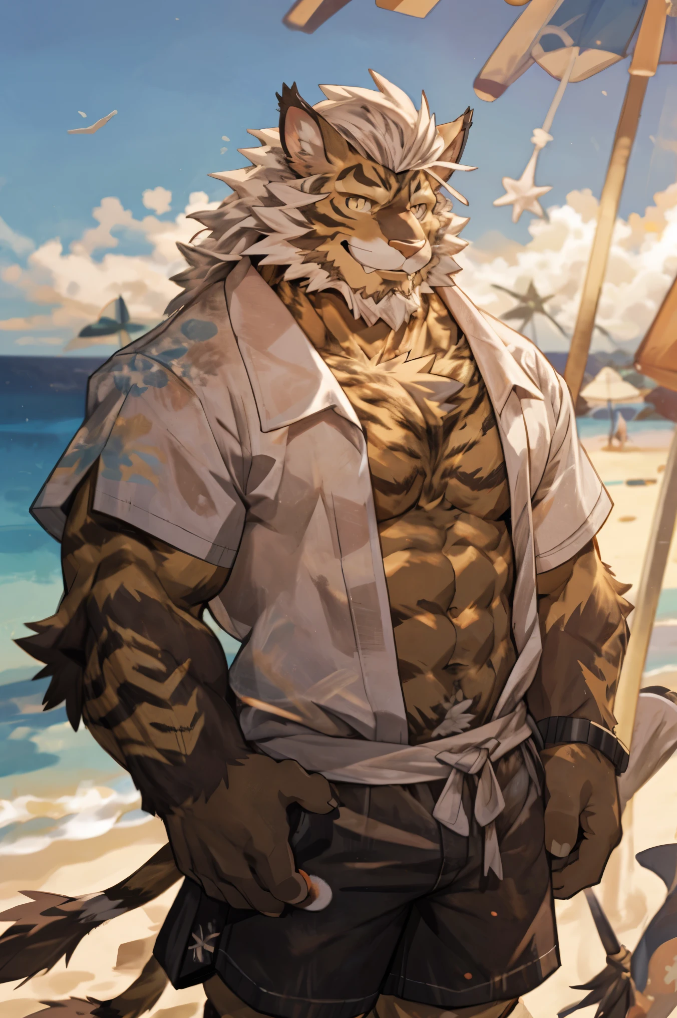 Has a bushy beard, hrothgar, Characteristics of cats, Beach pattern shirt, Cool shorts, Beach background, Smile, Detailed facial details, Brown fur, Off-white hair and beard, artist:Takemoto Arashi, mismatched pupils, f/2.8, high quality, award winning