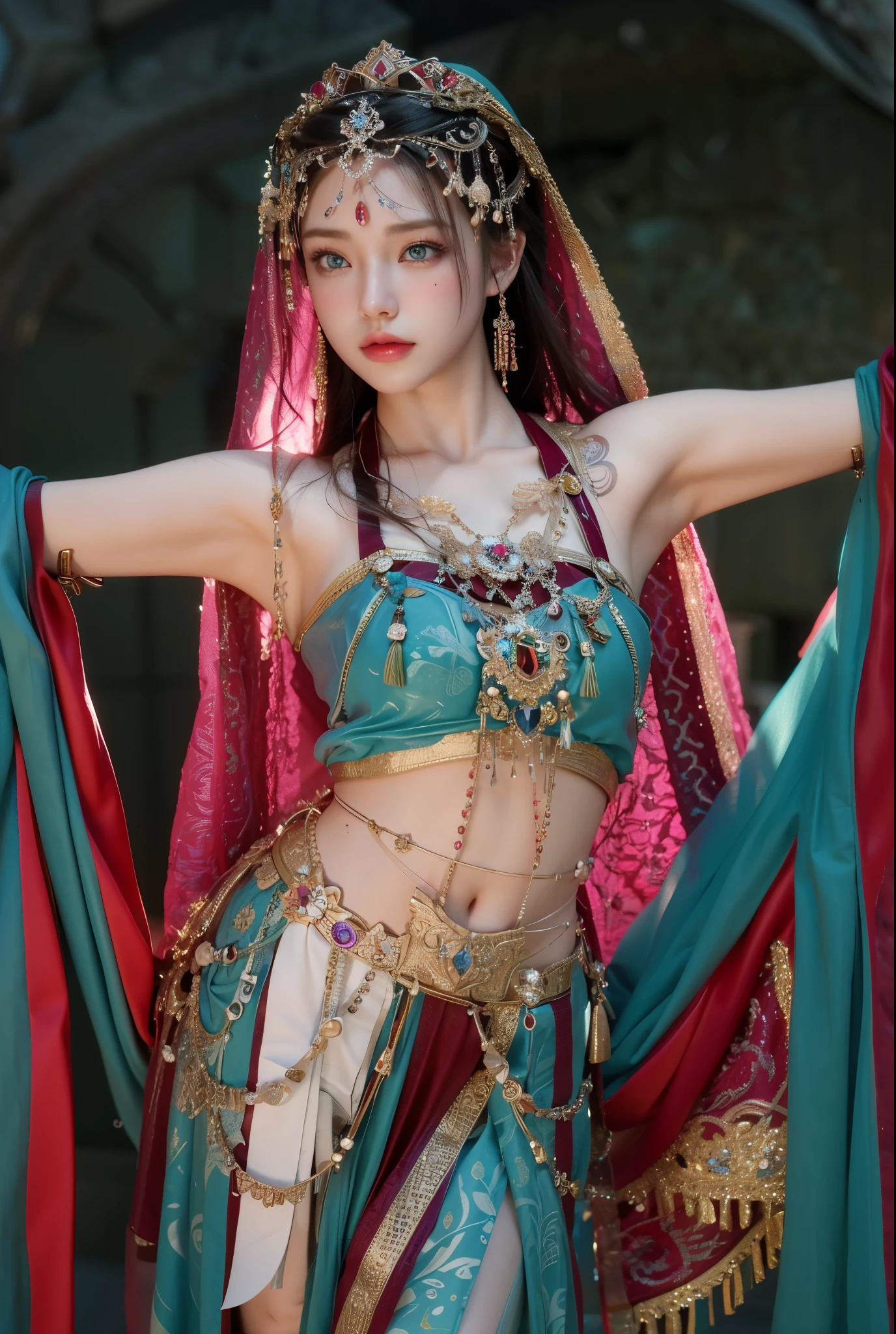 Game Art，Best image quality，Maximum resolution，8k，(A half-length photo)，(portrait)，(Head close-up)，(Rule of Thirds)，Unreal Engine 5 rendering works，20 year old girl，((Queen))，The eyes are very detailed，(Large Breasts)，Elegant and noble，Light，Light线追踪，Game CG，((3D Unreal Engine))，OC rendering reflection mode，4K，Ultra-clear，Sensual，Translucent lace，Fair and plump figure，Pretty Face，Light泽凝胶涂层，身着华贵礼服的Queen，Crystal Gem Crown，Necklace jewelry，blue eyes，The tattoo is very three-dimensional，Gorgeous and intricate tattoo designs，Ultra-clear portrait，Sexy body，Temple Princess，Sapphire eyes，Dunhuang dancers