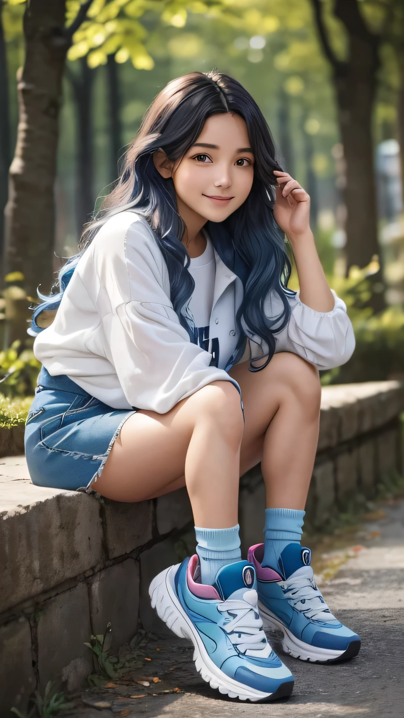 une jeune femme dans la vingtaine, with long wavy blue hair of a soft brown framing a delicate face. Her warm smile lights up her face and transmits positive energy. Nous voyons tout son corps. Elle est en tenue de sport. elle porte aussi des chaussures noires. Elle est est en train de courir.