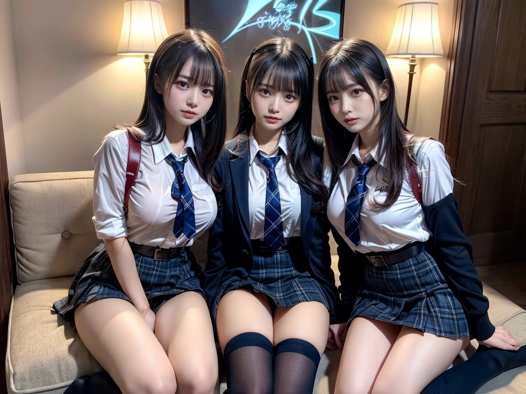 (8K, Raw photography, top-quality, masterpiece:1.2), master piece, best quality, illustration, Super detailed, fine details, High resolution, 8K,wall paper, perfect dynamic composition,(Details High quality, realistic depiction of eyes:1.3), ((2 girls, 2 schoolgirls)), The background is a luxury hotel room、High school girl uniform、blazer 、Super Short Check Uniform Skirt、Navy blue high socks、garterbelts、Colossal tits、Disturbed uniform, Play with each other,Touching each other's bodies,Touching the body of the girl next door, short bob hair, black hair color, huge breasts, Big Natural Color Lip, bold sexy pose, (perfect body shape), crying a little、cold gaze, Beautiful makeup,glitter makeup,Cutest 18 years old, beautiful legs, hposing Gravure Idol, Voluptuous thighs
