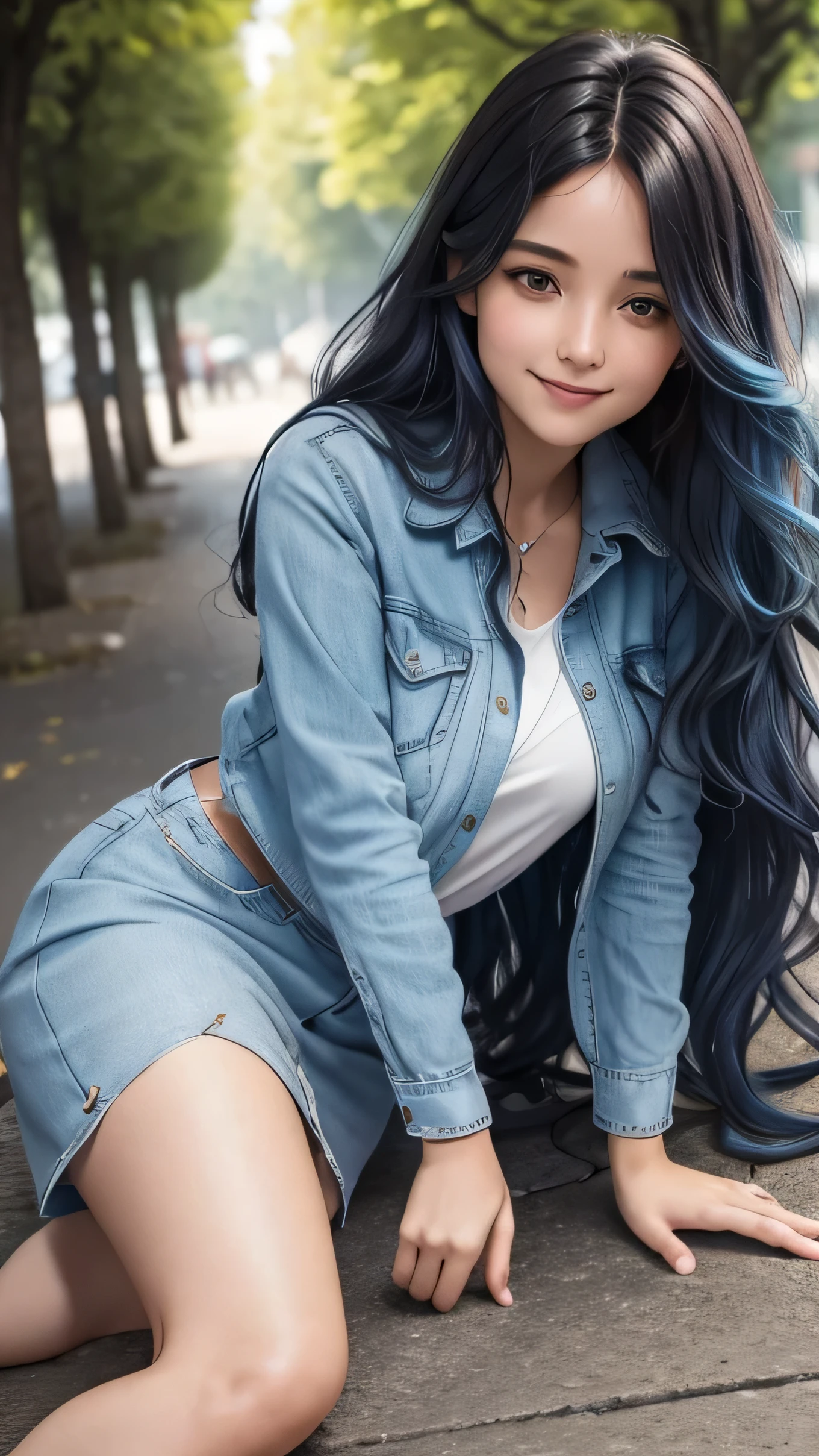 une jeune femme dans la vingtaine, with long wavy blue hair of a soft brown framing a delicate face. Her warm smile lights up her face and transmits positive energy. Nous voyons tout son corps. Elle est en tenue de sport. elle porte aussi des chaussures noires. Elle est est en train de courir.