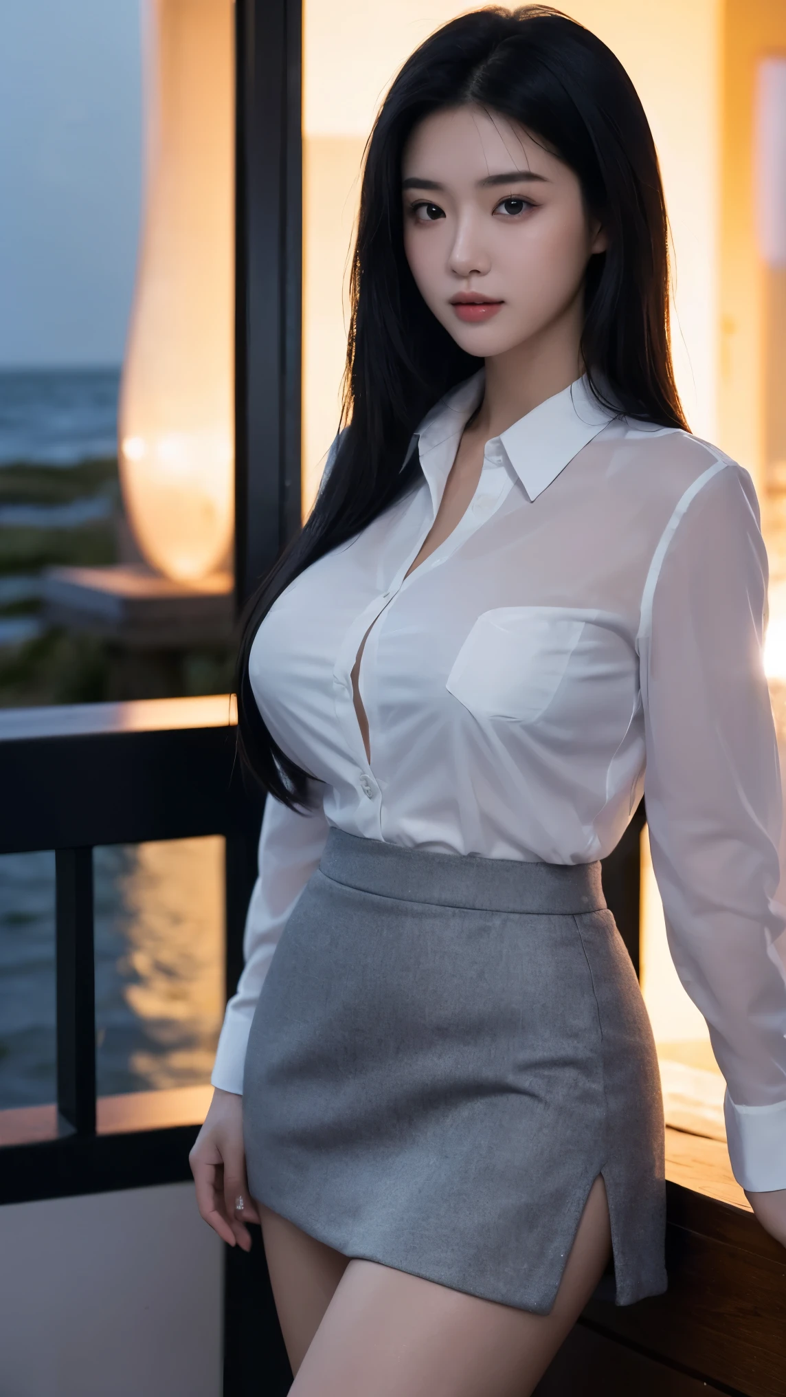 (masterpiece:1.2, Top quality), (Practical, photoPractical:1.4), Nice illustration, (Natural side light, light),
Looking at the audience, 1 girl, Chinese, 25 years old, Perfect face, Perfect body, Cute and symmetrical face, Seeing the whole body standing,Grab the skirt,Holes in socks
(Long hair, Straight Hair, Long sideburns, Black Hair), side fringe, Deep purple eyes, (Large Breasts, Attractive thighs),
(((black business jacket), Transparent shirt, Gray tight skirt),
(Beautiful scenery), night, (seaside), permanent,seaside风景,shy