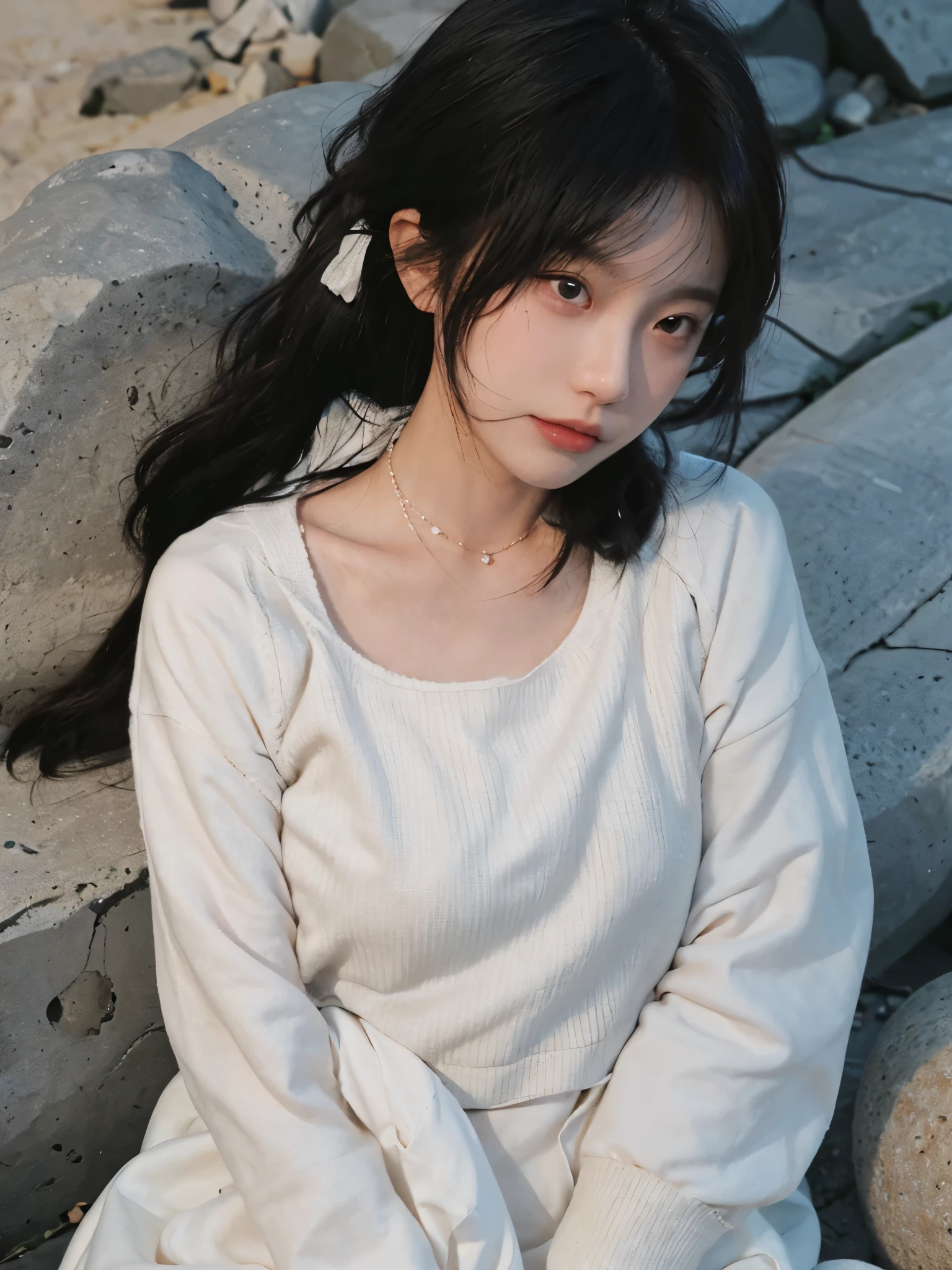 best qualtiy， Ultra-high resolution， （realisticlying：1.4），cute hairpin，1girll，with long coiled hair,Quartered sweater ，Blushlush，Beautiful woman with a slim figure:1.4, Pronounced abs，On the sandy beach,Ultra-fine face，Elaborate Eyes，double eyelid，choker necklace