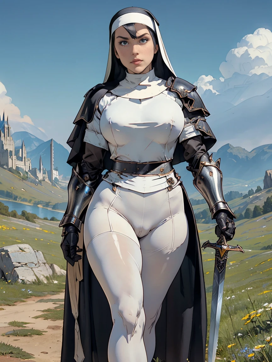 (masterpiece, top quality, best quality, official art, beautiful and aesthetic:1.2), (1girl:1.3), ((Sharp facial features, sharp features, hawkish features)), ((blue eyes)), busty brunette paladin knight girl, extremely detailed, portrait, looking at viewer, solo, (full body:0.6), detailed background, full-body shot, (warm mountain meadow theme:1.1), holy knight, (nun), charlatan, smirk, mysterious, swaying in mountains, armor, polished metal, gold trim, long boots, white fabric, stockings, robe, pale leather, ((((nun, greatsword, heavy armor, armored, long legs, pantyhose, toned, muscular)))), slim waist, slim hips, long legs, medieval (mountain exterior:1.1) background, dark mysterious lighting, shadows, magical atmosphere, dutch angle, ((cameltoe panty)), ((curvy)), ((naked muscular thighs))
